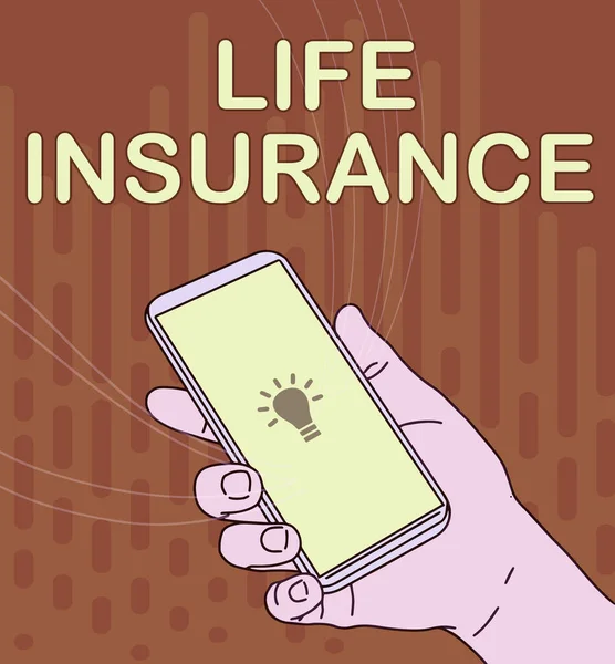 Hand writing sign Life Insurance. Conceptual photo Payment of death benefit or injury Burial or medical claim Hand Holding Mobile Device With Blank Screen Showing New Technology. — Stock Photo, Image