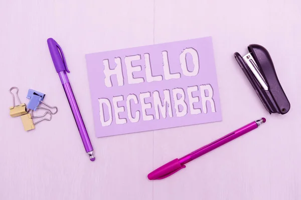 Conceptual display Hello December. Concept meaning greeting used when welcoming the twelfth month of the year Flashy School Office Supplies, Teaching Learning Collections, Writing Tools, — Fotografia de Stock