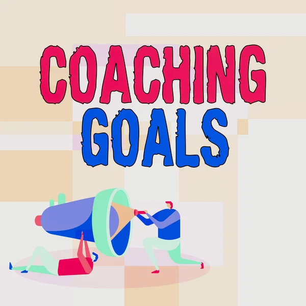 Konceptuální zobrazení Coaching Goals. Obchodní přístup Zplnomocňuje jednotlivce, aby převzali odpovědnost Pracovníci Kreslení Pomáhá jeden s baterkou opravit Megaphone. — Stock fotografie