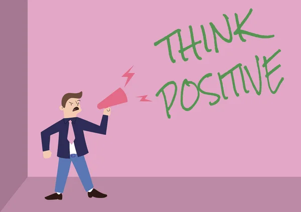 Знак "Мыслить позитивно". Бизнес-подход к созданию мыслей, которые поощряют и помогают подзарядить человека Человек стоя крича над мегафоном представляя новое объявление. — стоковое фото