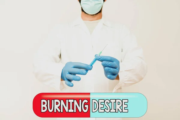 Conceptual caption Burning Desire. Business concept Extremely interested in something Wanted it very much Researcher Displaying Virus Prevention Method, New Infection Cure Ideas — Fotografia de Stock