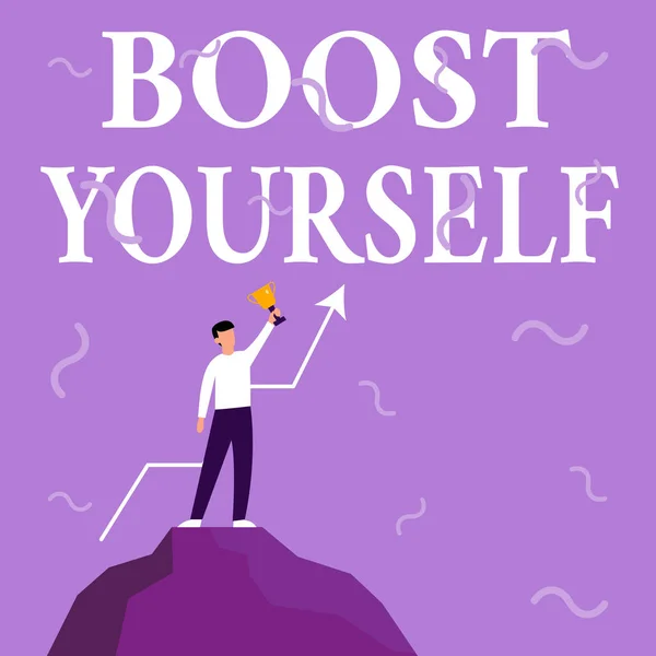 Titulek textu s názvem Boost yourself. Podnikatelská přehlídka přinášející výtah k někomu, kdo je dělá opět energickými Podnikatel kreslí stojící na Big Rock pyšně drží trofej. — Stock fotografie
