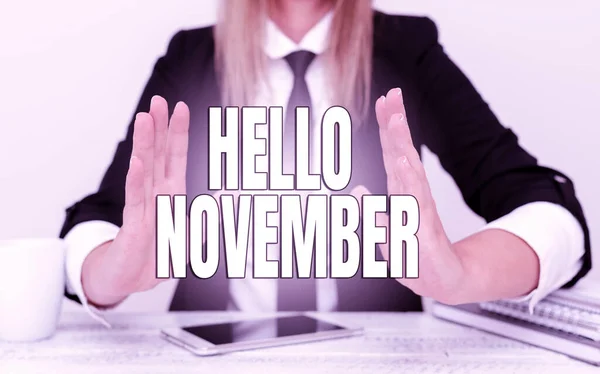 Handschrift sms Hallo November. Concept betekent Welkom in de elfde maand van het jaar Maand voor december Verklaring van Company Probleem, Abstract Het verstrekken van geschillenbeslechting — Stockfoto