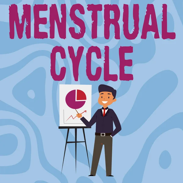 Kézírás jel Menstruációs ciklus. Internet Concept havi ciklus változások a petefészkek és méhnyálkahártya Üzletember viselése alkalmi állandó bemutató diagramok és ötletek. — Stock Fotó