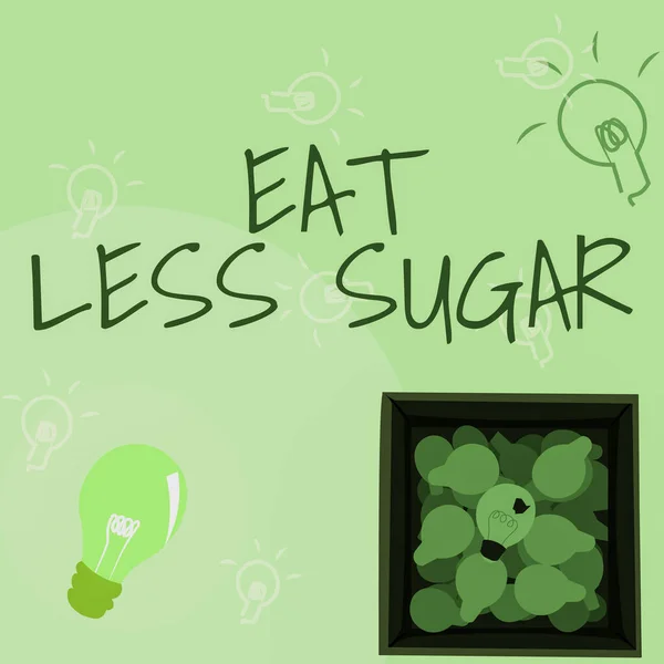 手書きの看板砂糖を少なく食べてください。ビジネスでは、砂糖の摂取量を減らし、健康的な食事豊富な食べ物を食べることが紹介されています。. — ストック写真