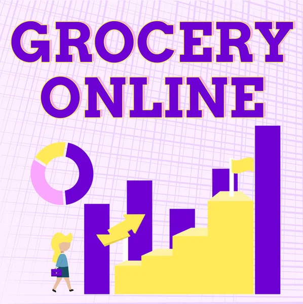 Texto de escritura a mano Grocery Online. Concepto de negocio versión digital del supermercado que acepta pedidos en línea Mujer de negocios caminando hacia un gráfico grande que muestra el rendimiento —  Fotos de Stock