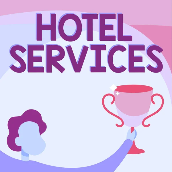 Schrijven met tekst Hotel Services. Zakelijke aanpak Faciliteiten Voorzieningen van een accommodatie en logies Man Holding Trophy Cup Up High Celebrating Victory Achievement. — Stockfoto