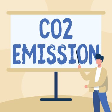 Mesaj işareti CO2 emisyonunu gösteriyor. Sera gazlarının zamanla atmosfere salınması iş dünyası gösterisi. Ceketli Öğretmen Whiteboard 'a Dik Çizim Sopası.