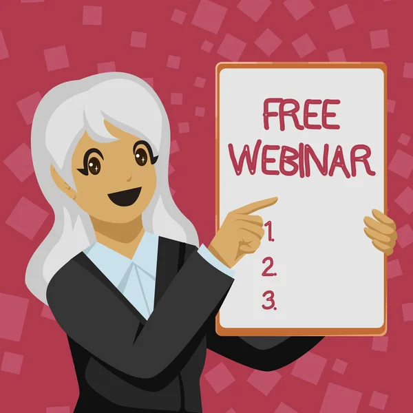 Text sign showing Free Webinar. Word for Lecture Workshop Seminar that is transmitted over the Web Business Woman Drawing Holding Blank White Board Presenting Announcements — Stock Photo, Image
