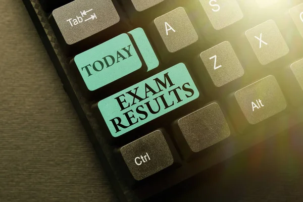 Hand writing sign Exam Results. Conceptual photo An outcome of a formal test that shows knowledge or ability Word Processing Program Ideas, Logging Programming Updates Concept — Stockfoto