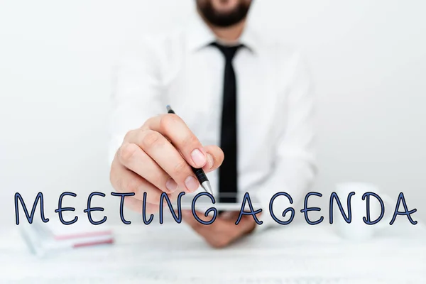 Inspiration showing sign Meeting Agenda. Concept meaning An agenda sets clear expectations for what needs to a meeting Presenting Communication Technology Smartphone Voice And Video Calling — Fotografia de Stock