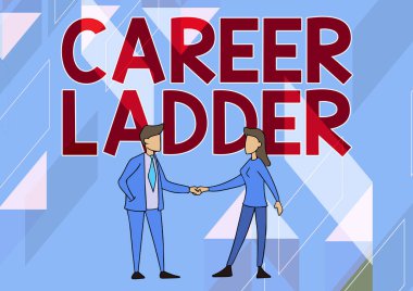 Metin başlığı Kariyer Merdiveni sunar. Mesleki İlerlemeyi Destekleme Hakkında Yazılan Sözcük Yükselen Hareketlilik Başarılı Erkek ve Kadın Karşılıklı El ele tutuşuyor.