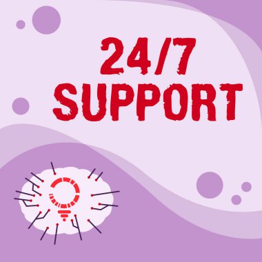 El yazısı metni 24 veya 7 Desteği. Kavramsal fotoğraf tüm gün ve gece servise yardım ediyor. Boş Yazma Ampulü Yanı Başında Çoklu Satır Çizimi Yok.