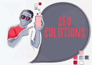 Seo Çözümleri metni gösteriliyor. İş konsepti Arama Motoru Sonuç Sayfası Erkek Holding Telefonu Çizimi ile Ziyaretçileri Artırarak Konuşma Baloncuğu ile Yeni Fikirler Sunar.