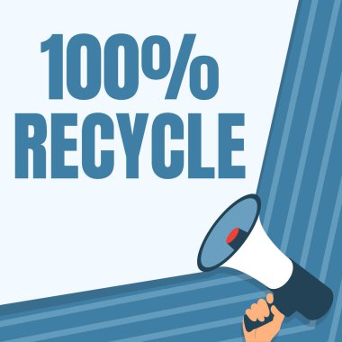 Metin% 100 Geri Dönüşüm yazılıyor. İnternet Konsepti Biyolojik Çözülebilir, BPA 'sız ve geri dönüşümlü El Tutma Megafonu Harika Duyurusu.