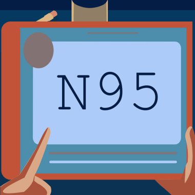 El yazısı N95. Kavram demek, Yeni İnanılmaz Fikirler İçin Büyük Tablet Arama Planları Kullanan Bir Elin İllüstrasyonunu korumak için kullanılan kişisel koruyucu ekipman demek.