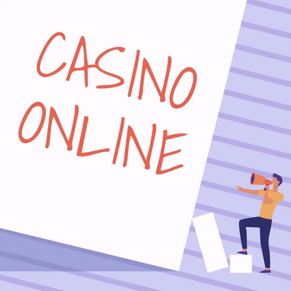 Inspiration showing sign Casino Online. Business idea Computer Poker Game Gamble Royal Bet Lotto High Stakes Man Standing Drawing Holding Megaphone Pointing Blank Wall. — Foto Stock
