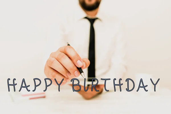 Text sign showing Happy Birthday. Business idea The birth anniversary of a person is celebrated with presents Presenting Communication Technology Smartphone Voice And Video Calling — Stock Photo, Image
