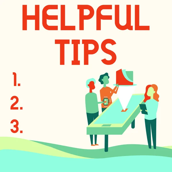 Writing displaying text Helpful Tips. Internet Concept Useful secret Information Advice given to accomplish something Colleagues Drawing Standing Beside Table Projection Graph Chart. — Foto Stock