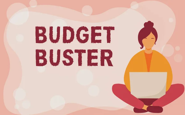 Inspiratie met bord Budget Buster. Woord voor zorgeloze uitgaven Koopjes Onnodige Aankopen Overbesteding Jongedame zitten met gekruiste benen tijdens het gebruik van Laptop Toont Ontspanning. — Stockfoto