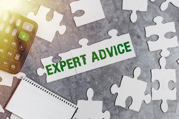 Text caption presenting Expert Advice. Business idea Sage Good Word Professional opinion Extensive skill Ace Building An Unfinished White Jigsaw Pattern Puzzle With Missing Last Piece — Stockfoto