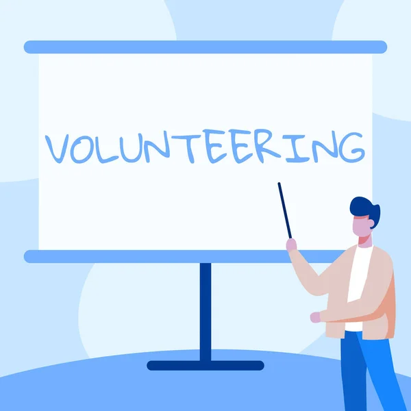 Text caption presenting Volunteering. Concept meaning Provide services for no financial gain Willingly Oblige Teacher In Jacket Drawing Standing Pointing Stick At Whiteboard. — стоковое фото