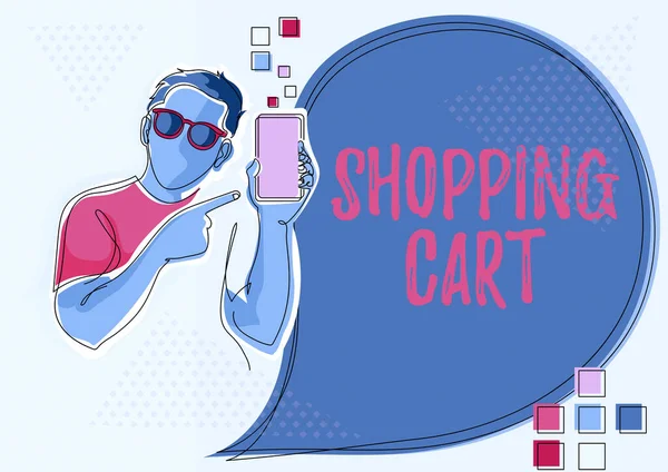 Text sign showing Shopping Cart. Word for Case Trolley Carrying Groceries and Merchandise Line Drawing For Guy Holding Phone Presenting New Ideas With Speech Bubble. — Foto Stock