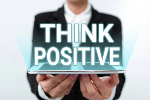 Handwriting text Think Positive. Conceptual photo The tendency to be positive or optimistic in attitude Presenting New Technology Ideas Discussing Technological Improvement — Foto Stock