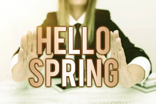 Conceptueel bijschrift Hello Spring. Concept betekent Verwelkomen van het seizoen na de winter Bloeien van bloemen Verklaring van Company Probleem, Abstract Het verstrekken van geschillenbeslechting — Stockfoto