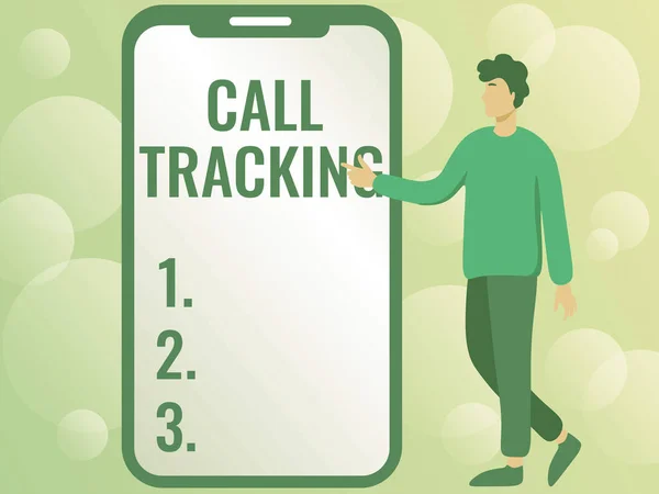 Text sign showing Call Tracking. Word Written on Organic search engine Digital advertising Conversion indicator Man Drawing Standing Next To A Large Phone Pointing Out Technologies. — Stock Photo, Image
