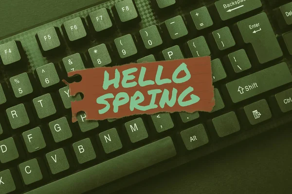 Text caption presenting Hello Spring. Business idea Welcoming the season after the winter Blossoming of flowers Downloading And Writing Online Content, Abstract Replying To Emails — Stockfoto