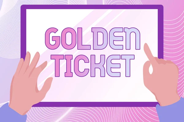 Writing displaying text Golden Ticket. Concept meaning Rain Check Access VIP Passport Box Office Seat Event Hands Illustration Holding Drawing On Tablet Scree Showing Information. — Fotografia de Stock