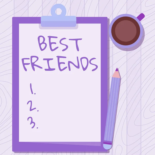 Hand writing sign Best Friends. Internet Concept A person you value above other persons Forever buddies Illustration Of Pencil On Top Of Table Beside The Clipboard And Coffee Mug. — Foto Stock