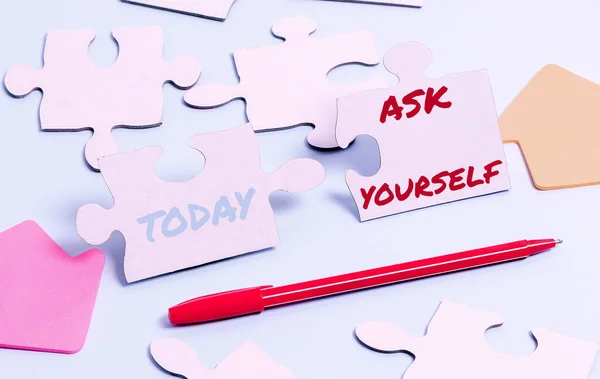 Text sign showing Ask Yourself. Business idea Thinking the future Meaning and Purpose of Life Goals Building An Unfinished White Jigsaw Pattern Puzzle With Missing Last Piece — Stock Photo, Image
