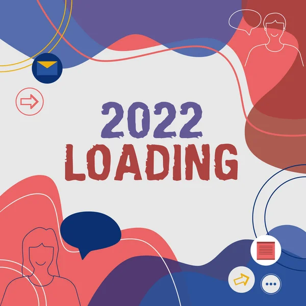 Señal mostrando 2022 Cargando. Idea de negocio Publicidad el próximo año Pronóstico del evento futuro Ilustración Pareja Hablando En Chat Cloud Intercambiando Mensajes. —  Fotos de Stock