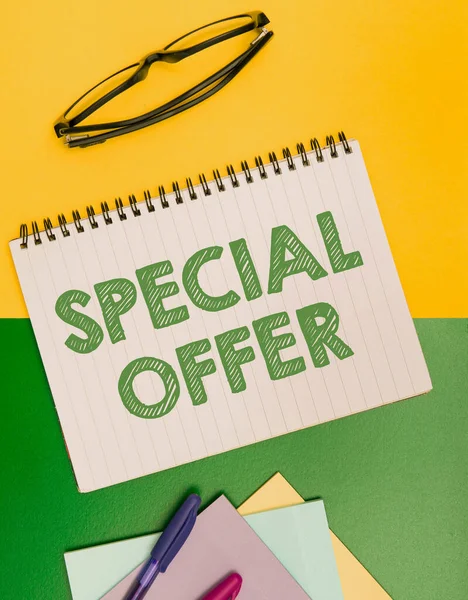 Handwriting text Special Offer. Word Written on Selling at a lower or discounted price Bargain with Freebies Flashy School Office Supplies, Teaching Learning Collections, Writing Tools, — стоковое фото
