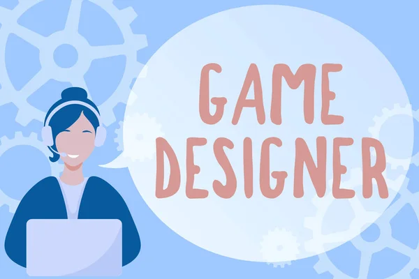 Text sign showing Game Designer. Business showcase Campaigner Pixel Scripting Programmers Consoles 3D Graphics Lady Call Center Illustration With Headphones Speech Bubble Conversation. — 图库照片
