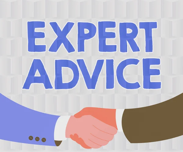 Inspiration showing sign Expert Advice. Internet Concept Sage Good Word Professional opinion Extensive skill Ace Two Men Drawing With Paper Background Shake Hands Presenting Agreement — Stockfoto