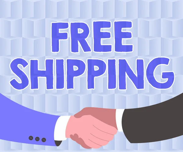 Text showing inspiration Free Shipping. Business approach Freight Cargo Consignment Lading Payload Dispatch Cartage Two Men Drawing With Paper Background Shake Hands Presenting Agreement — Fotografia de Stock