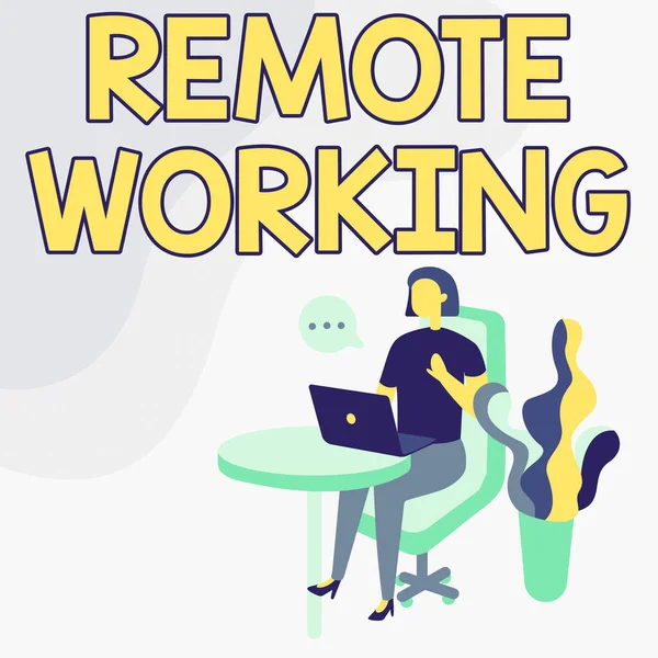 Text sign showing Remote Working. Business concept style that allows professionals to work outside of an office Woman Sitting Office Desk Using Laptop With Speech Bubble Beside Plant.