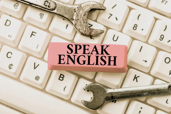 El yazısı metni İngilizce konuş. Business show Study Başka bir Yabancı Dil Online Sözlü Kursları Daktilo Dersi Rehberi, Yeni Çevrimiçi Kılavuzlar Yeniden Yazılıyor — Stok fotoğraf