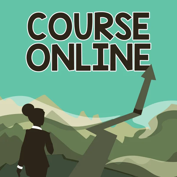 İlham veren Course Online metni. İş konsepti eearning Electronic Education Distant Study Digital Class Lady Walking To Mountains with a Arrow Marking Access — Stok fotoğraf