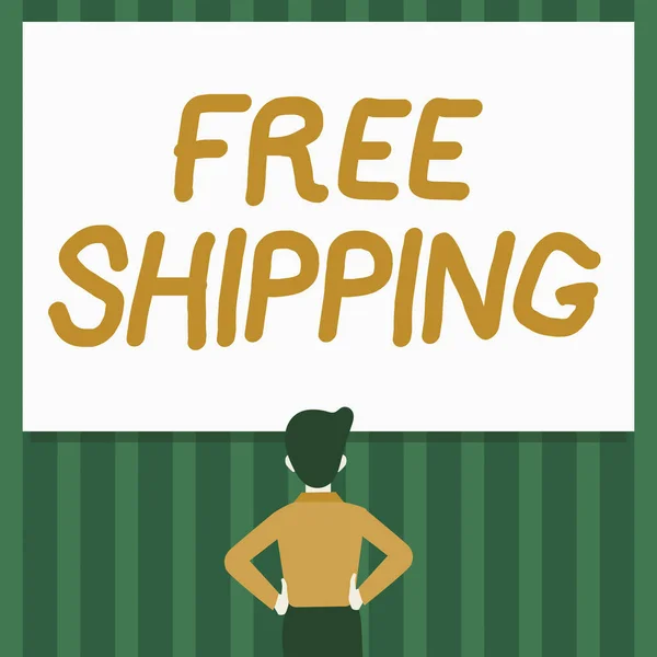 Hand writing sign Free Shipping. Internet Concept Freight Cargo Consignment Lading Payload Dispatch Cartage Man Drawing Standing Hands N Hips Looking At An Empty Whiteboard. — Fotografia de Stock