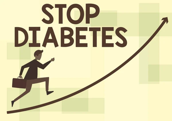 Conceptual display Stop Diabetes. Conceptual photo Blood Sugar Level is higher than normal Inject Insulin Businessman Running Upward Holding Briefcase With Arrow Pointing Up.
