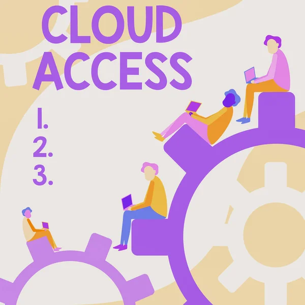 Conceptuele weergave Cloud Access. Zakelijke aanpak Software tool tussen de organisatie en de provider Vier Teamgenoten Tekenen Sitting Gears Met behulp van Laptop Toont Vooruitgang. — Stockfoto