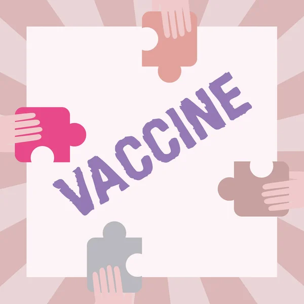 Sign displaying Vaccine. Word Written on preparation of killed microorganisms or living attenuated organisms Illustration Of Hands Holding Puzzle Pieces Each Sides Of Box. — 图库照片