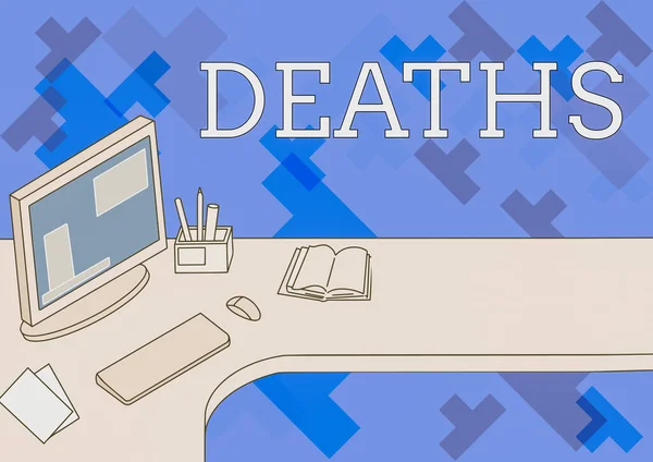 Text caption presenting Deaths. Business showcase permanent cessation of all vital signs, instance of dying individual Office Desk With Computer Pen Holder And Open Blank Notebook. — Foto Stock