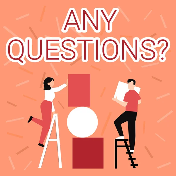Sign displaying Any Questions Question. Internet Concept Allowing any interrogative statement from a group of Couple Drawing Using Ladder Placing Big Empty Picture Frames To A Wall. — Stock Photo, Image