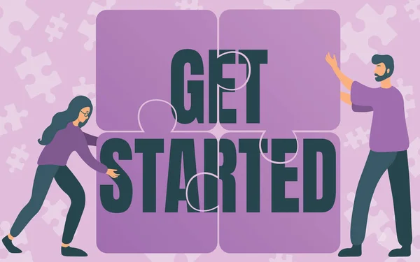 Text sign showing Get Started. Business concept to begin accomplishing or working on the tasks to finish it Colleagues Drawing Fitting Four Pieces Of Jigsaw Puzzle Together Teamwork. — Zdjęcie stockowe