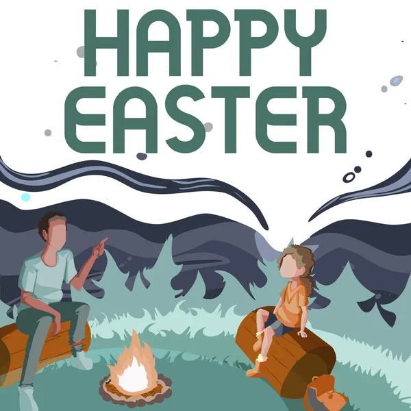 El yazısı tabelası Mutlu Paskalyalar. Gün doğumundan itibaren İsa Mesih 'in dirilişini kutluyoruz. Baba ve kızı kamp ateşinin yanında oturuyor. Parkta kamp yapıyorlar. — Stok fotoğraf